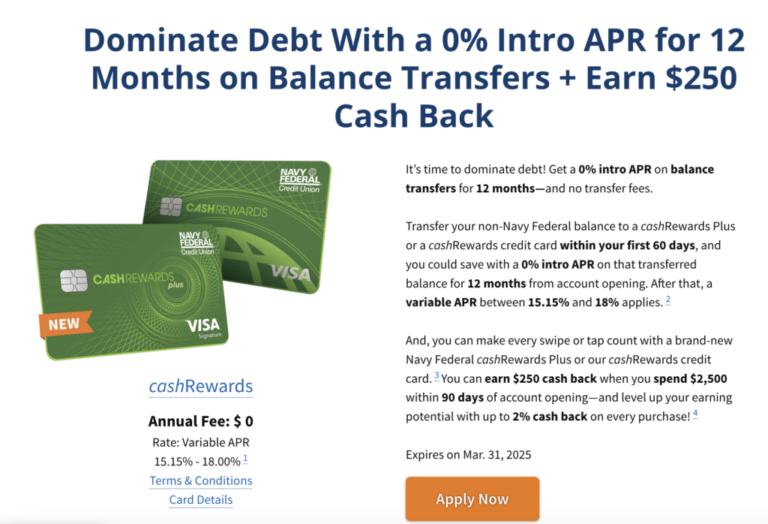 Navy Federal Credit Union (NFCU) cashRewards Credit Card: $250 Bonus and 1.99% APR On Balance Transfers